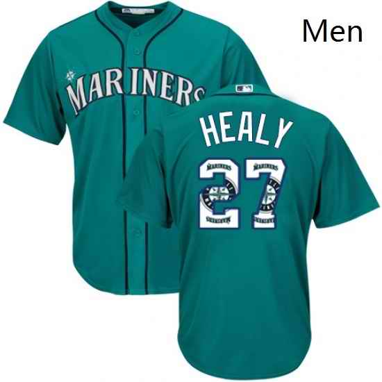 Mens Majestic Seattle Mariners 27 Ryon Healy Authentic Teal Green Team Logo Fashion Cool Base MLB Jersey